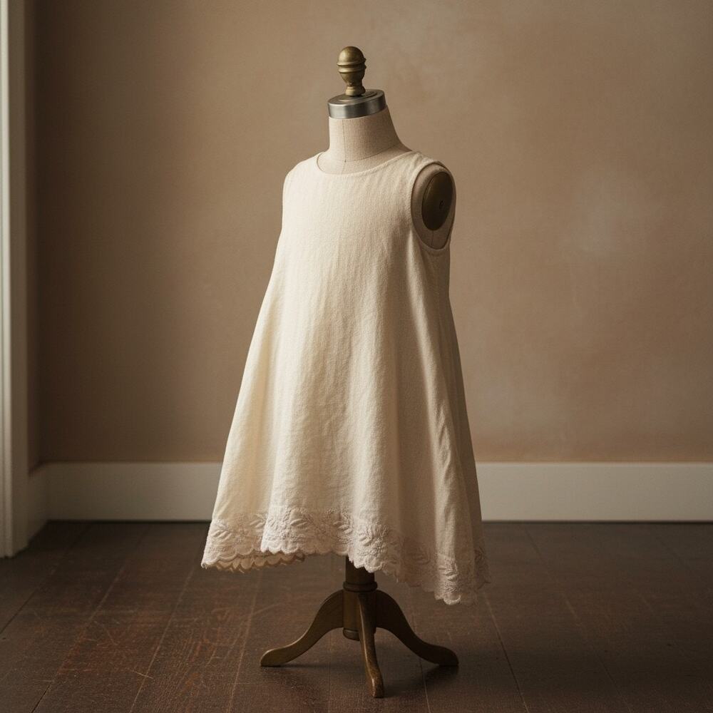 Antique 1910s-20s Girls Dress-Hand Embroidered Cream Cotton-Edwardian-3T-Toddler